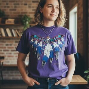 VINTAGE Native Graphic Shirt Size Medium Purple Feather Alaska Single Stitch Tee